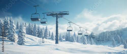 Empty Cabin of ski lift over snow capped mountain and forest. Ski or skiing background. Beautiful nature landscape. Panorama view. Winter vacation, resort. Generative ai photo