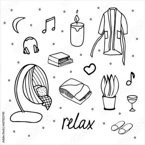 concept of rest and relaxation. Vector contours drawn by hand. Swing chair, rocking chair, music, wine, heart night. Icon, clipart, template, doodles, sketch.