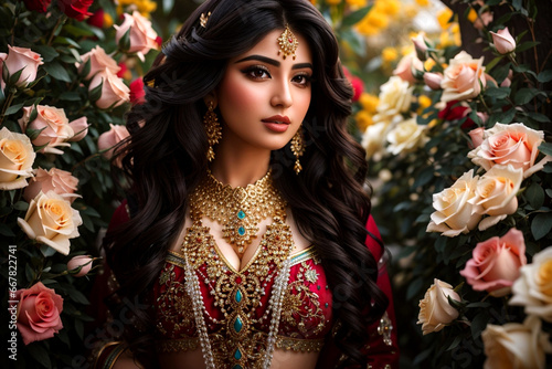 Portrait oriental woman With Bridal arabic style makeup In rose garden