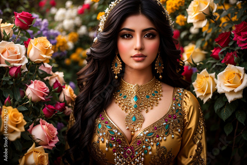 Portrait oriental woman With Bridal arabic style makeup In rose garden