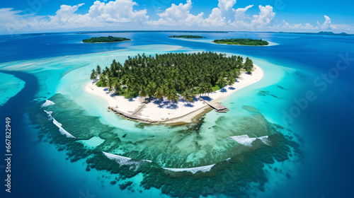 Spectacular aerial view of an exotic island with sparkling azure waters and serene ivory shorelines.