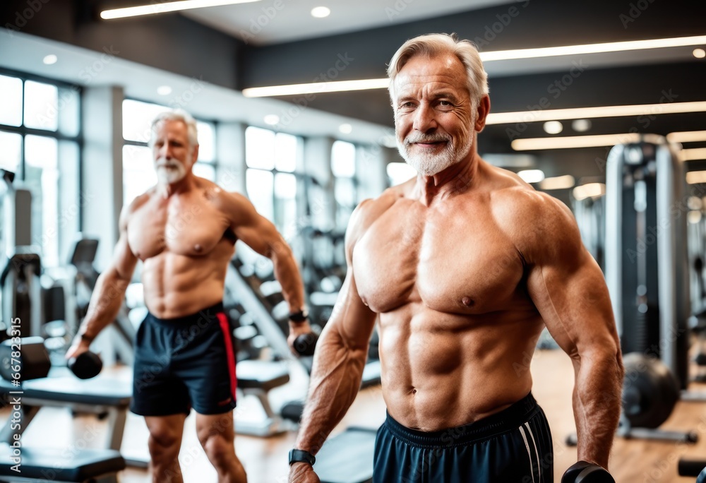 Fototapeta premium Senior man doing workout exercises inside gym. Fit mature male training in wellness club center - Body building and sport healthy lifestyle concept