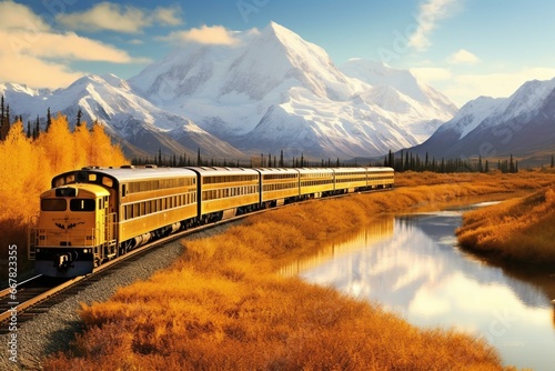 Scenic railroad to breathtaking Denali National Park amidst majestic mountains. Generative AI