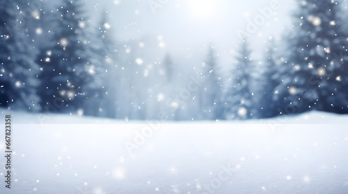 Winter forest with snow and falling snowflakes. Christmas background. © wing