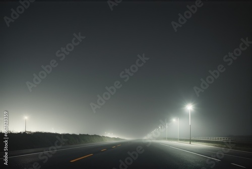 night road in fog and lighting poles