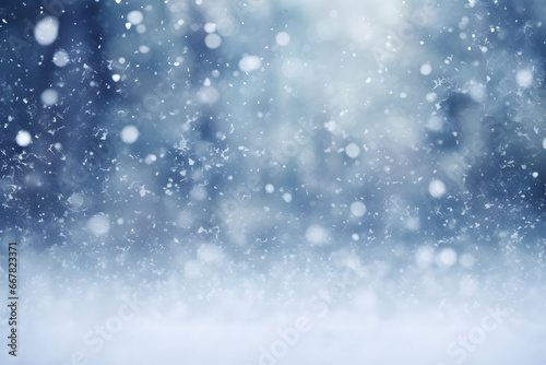 Winter forest with snow and falling snowflakes. Christmas background.