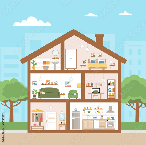 House interior in cut. Сross-sectional view of bath, kitchen, living room, hallway, cabinet, bedroom. Green trees outside. Rooms with furniture. Detailed modern house interior. Vector illustration.