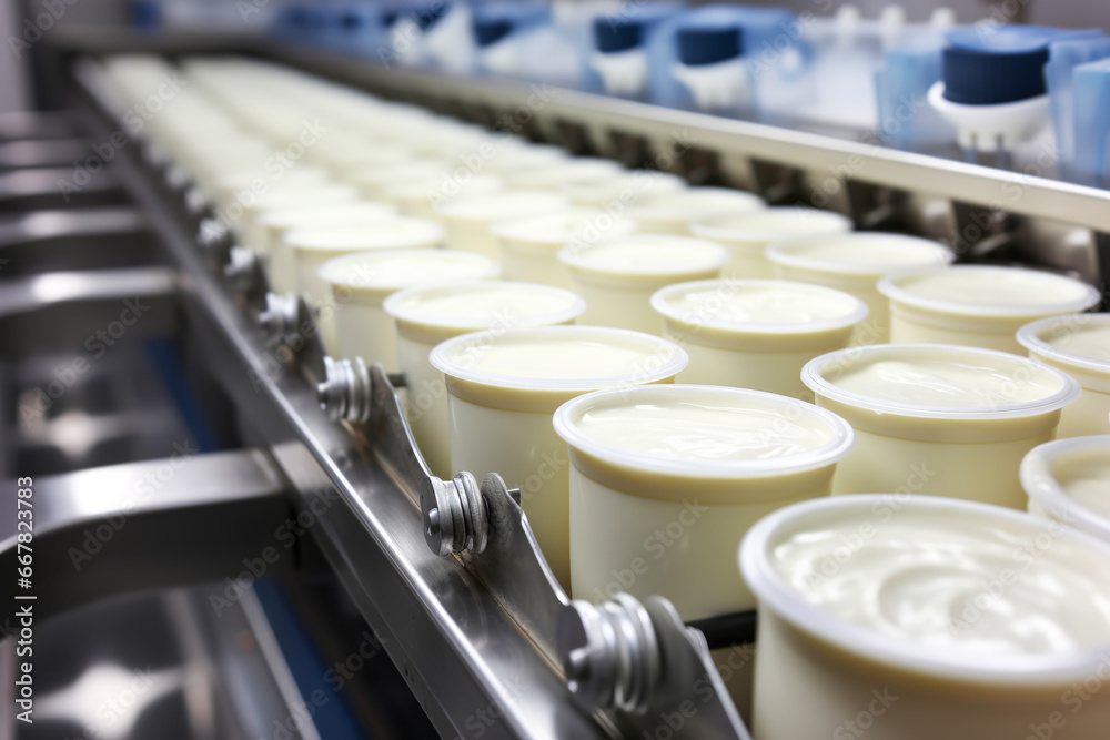 Obraz premium Automated Robotic natural dairy products yogurt Line. Industrial food production plant indoors