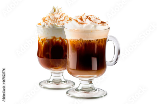 Set of Irish Coffee cocktails with whipped cream, brewed coffee and Irish whiskey