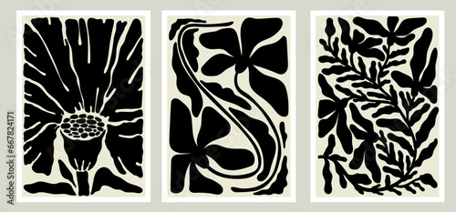 Flower Market poster, print Set. Trendy abstract botanical wall arts with floral design in earth tone colors. Modern naive groovy funky interior decorations, paintings. Vector art illustration.