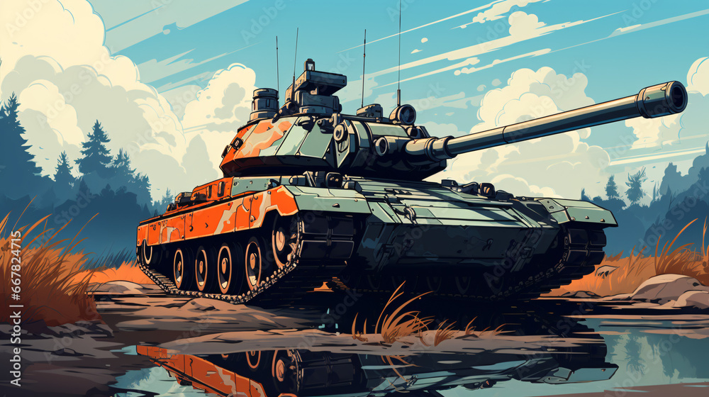 Vivid Tank Illustration in Lush Landscape, Crafted by Generative AI Vivid Tank Illustration in Lush Landscape, Crafted by Generative AI