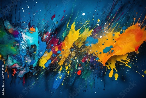 Colorful paint splashing on a blue wall in a vibrant display of expression. Generative AI photo