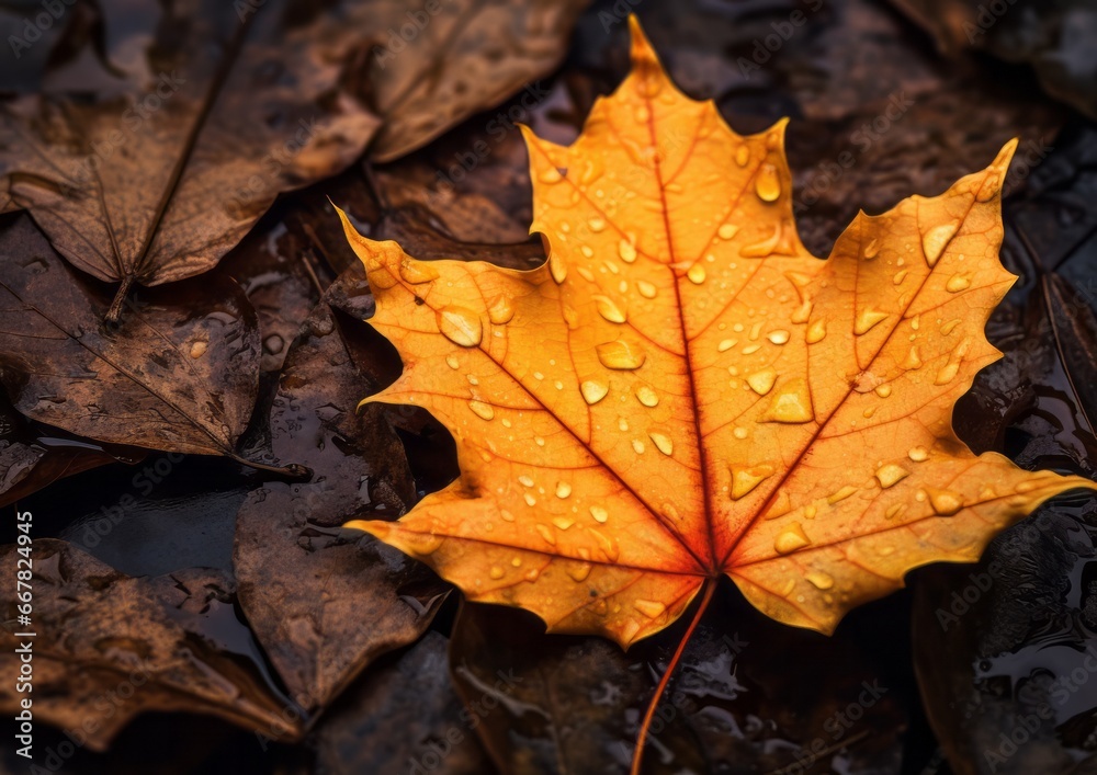 Close up of fallen leaves on ground in autumn covered in raindrops. Red yellow mapple leaf white isolated