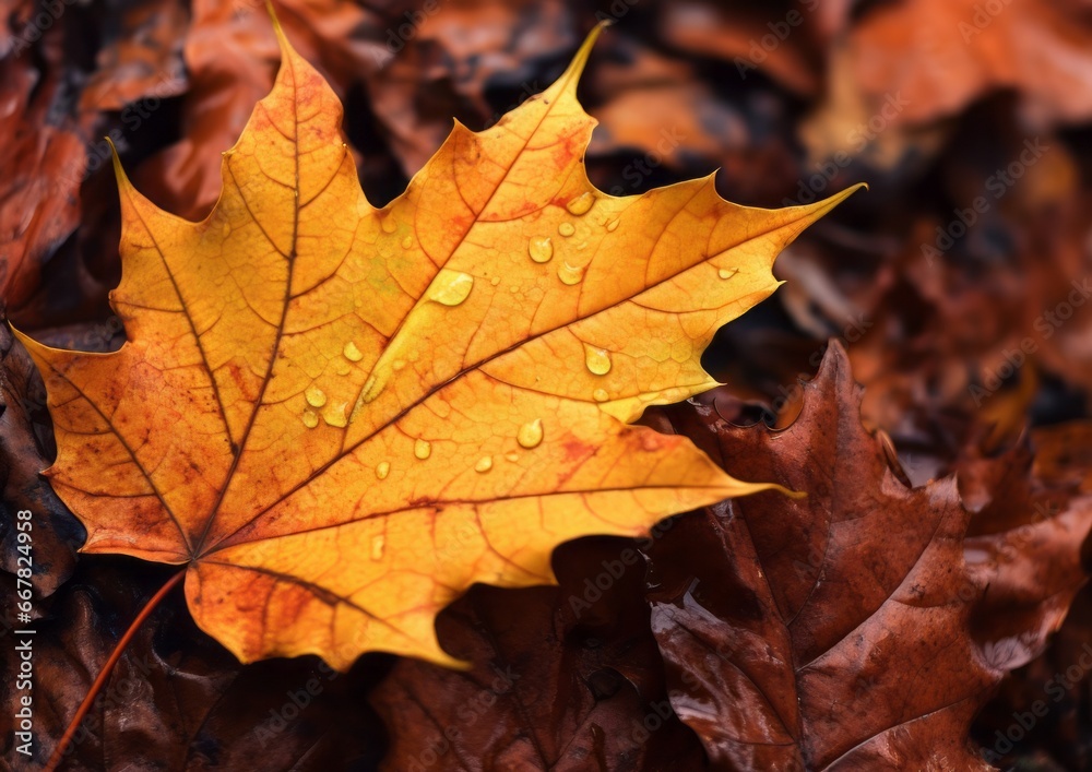 Close up of fallen leaves on ground in autumn covered in raindrops. Red yellow mapple leaf white isolated Close up of fallen leaves on ground in autumn covered in raindrops. Red yellow mapple leaf white isolated