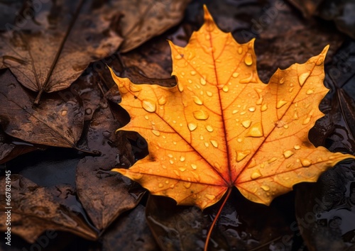 Close up of fallen leaves on ground in autumn covered in raindrops. Red yellow mapple leaf white isolated
