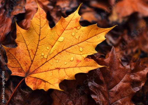 Close up of fallen leaves on ground in autumn covered in raindrops. Red yellow mapple leaf white isolated