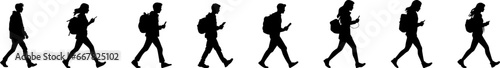 Young boy or girl walking forward and holding mobile phone and texting, vector silhouette.