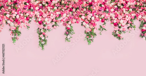 beautiful spring background for a banner, postcards with flowers roses peonies. Pink floral background. 