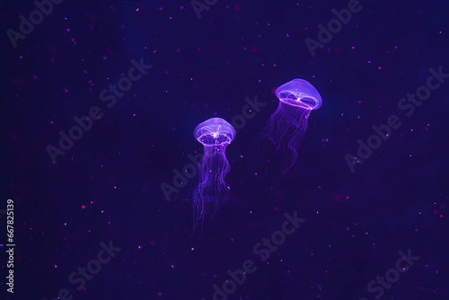 Two fluorescent Eirene lactoides jellyfishes moving through the water with violet neon light. Isolated on dark background