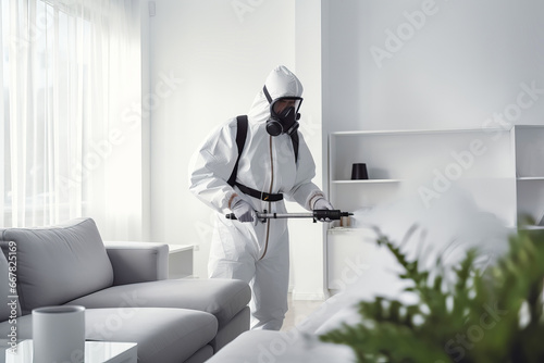 Faceless pest control worker in a protective suit sprays insect poison in a living room photo