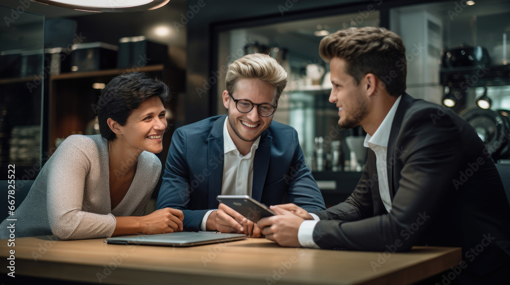 Delighted clients discussing their financial goals with an investment advisor. Delighted clients discussing their financial goals with an investment advisor.