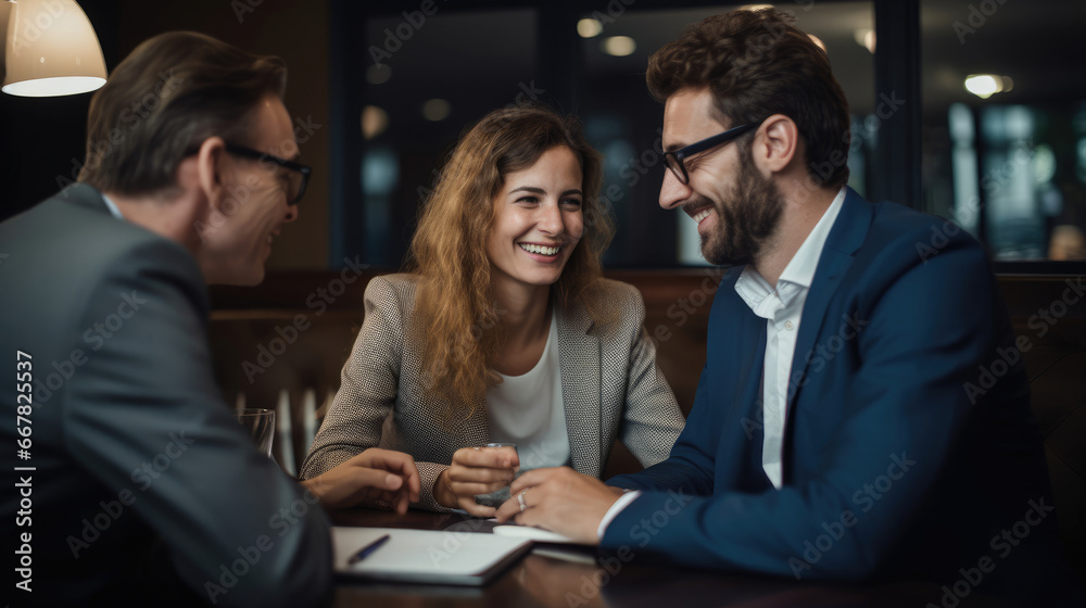 Happy newlyweds meeting with a financial planner to plan for their future together. Happy newlyweds meeting with a financial planner to plan for their future together.