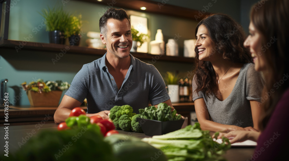 Happy couple consulting with a nutritionist for a personalized health and wellness plan.