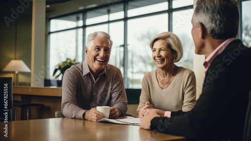 Pleased retirees meeting with a retirement planner to secure their future.