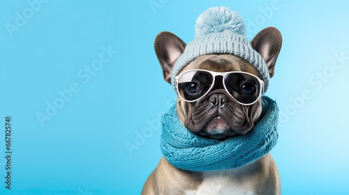 comic portrait of a French bulldog dog in a winter hat and glasses on a blue background. Space for text © Olena