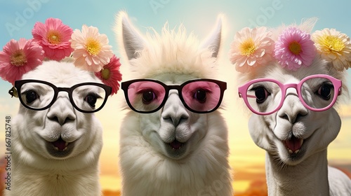 Three laughing alpacas in glasses and wreaths of flowers on their heads pose for the camera in a beautiful meadow, against the background of a blue sky