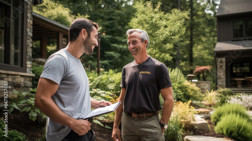 A happy homeowner consulting with a landscape architect for garden renovations.