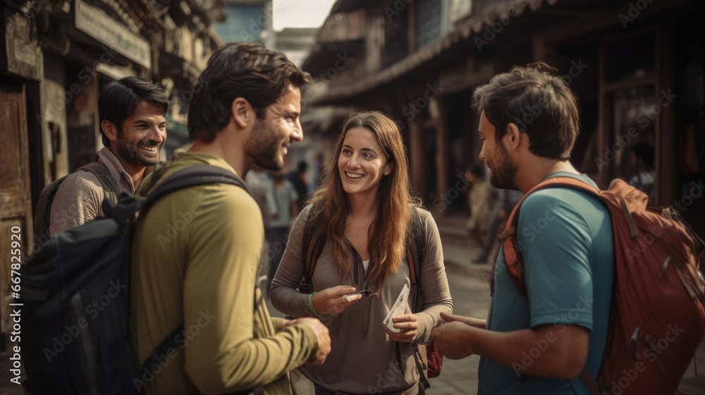 Obraz premium A group of friends meeting with a tour guide to plan an adventurous expedition.