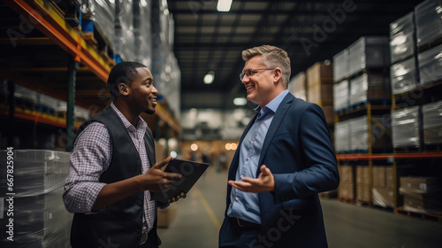 A satisfied entrepreneur discussing supply chain strategies with an operations expert.