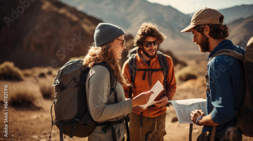 A group of friends meeting with a tour guide to plan an adventurous expedition. photo