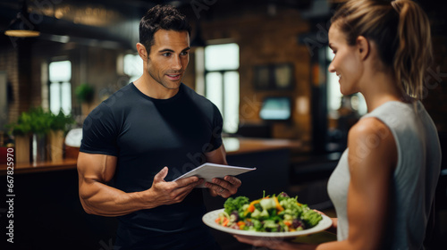 A fitness instructor meeting with a nutritionist to create personalized meal plans.