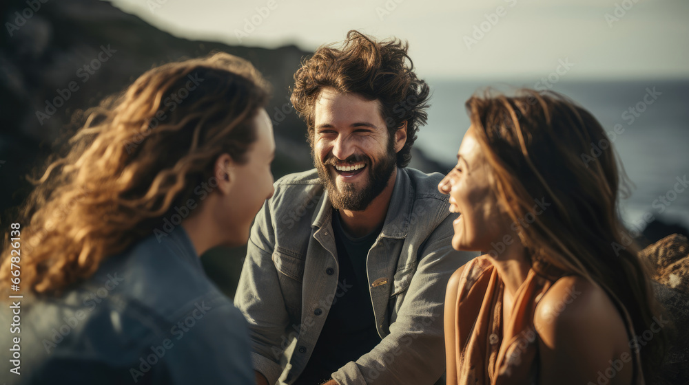 A group of friends chuckling softly while planning a weekend getaway. - obrazy, fototapety, plakaty 