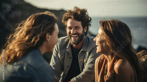 A group of friends chuckling softly while planning a weekend getaway.