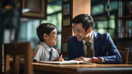 A teacher and student exchanging smiles during a one-on-one tutoring session.