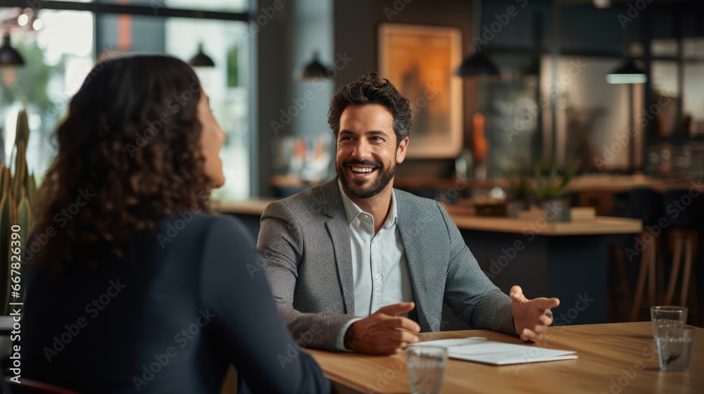 A small business owner consulting with a human resources expert both smiling as they strategize for team success. A small business owner consulting with a human resources expert both smiling as they strategize for team success.