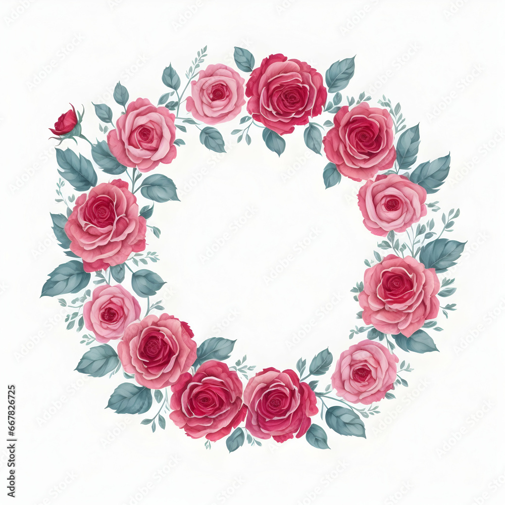 Watercolor floral wreath with red roses and green leaves on white background