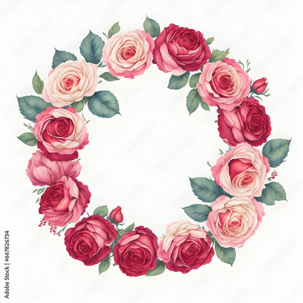 Watercolor floral wreath with red roses and green leaves on white background