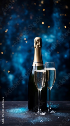 Rose Champagne bottle and glasses of sparkling wine with sparkler in it on dark background with bokeh and holiday lights. Festive concept