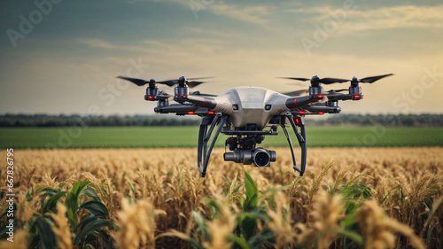 Drone quadcopter with digital camera flying over agricultural field. Technology concept. photo