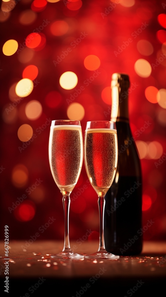 Champagne bottle and glasses of sparkling wine with sparkler in it on red background with bokeh and Festive lights. Valentine's Day
