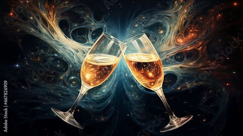 Wine glasses champagne toast with space galaxy background, amazing night starry background, dark turquoise and light gold, swirling vortexes