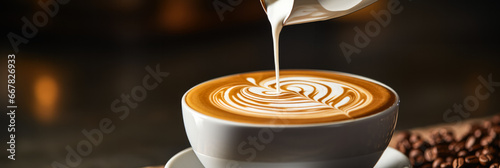Barista pouring a perfect milk foam rosetta latte art isolated on a white background  photo