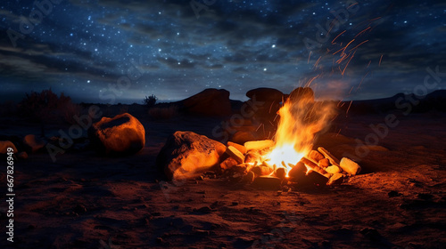 Campfire during a starry night, impressionistic style, blending firelight with starlight, magical and dreamy