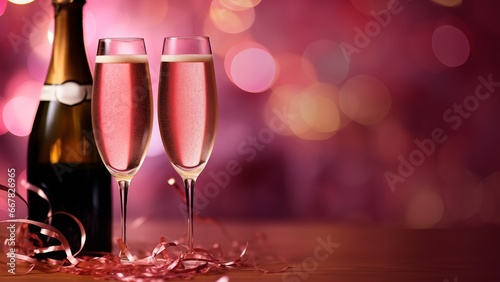 Rose Champagne bottle and glasses of sparkling wine with sparkler in it on pink background with bokeh and holiday lights. Festive concept