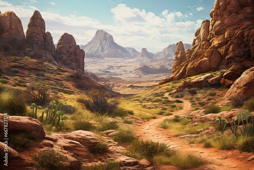 Photo A path across arid terrain with parched vegetation, set against a backdrop of vast rocky formations and towering mountains
