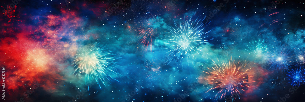 Fireworks display, abstract, color explosion in the night sky, palette of blues, greens, and reds